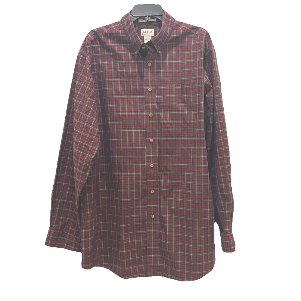 LL Bean XLT Mens Red Navy Plaid Long Sleeve Button Flannel Shirt Medium Weight